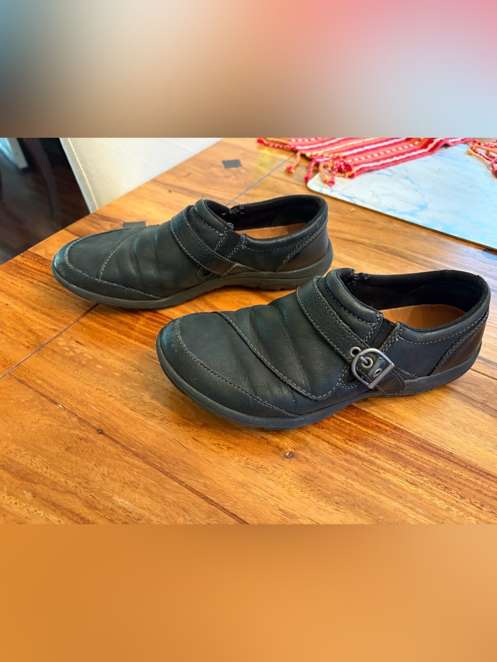 Merrell Black Leather Slip-On Loafers with Decorative Buckle